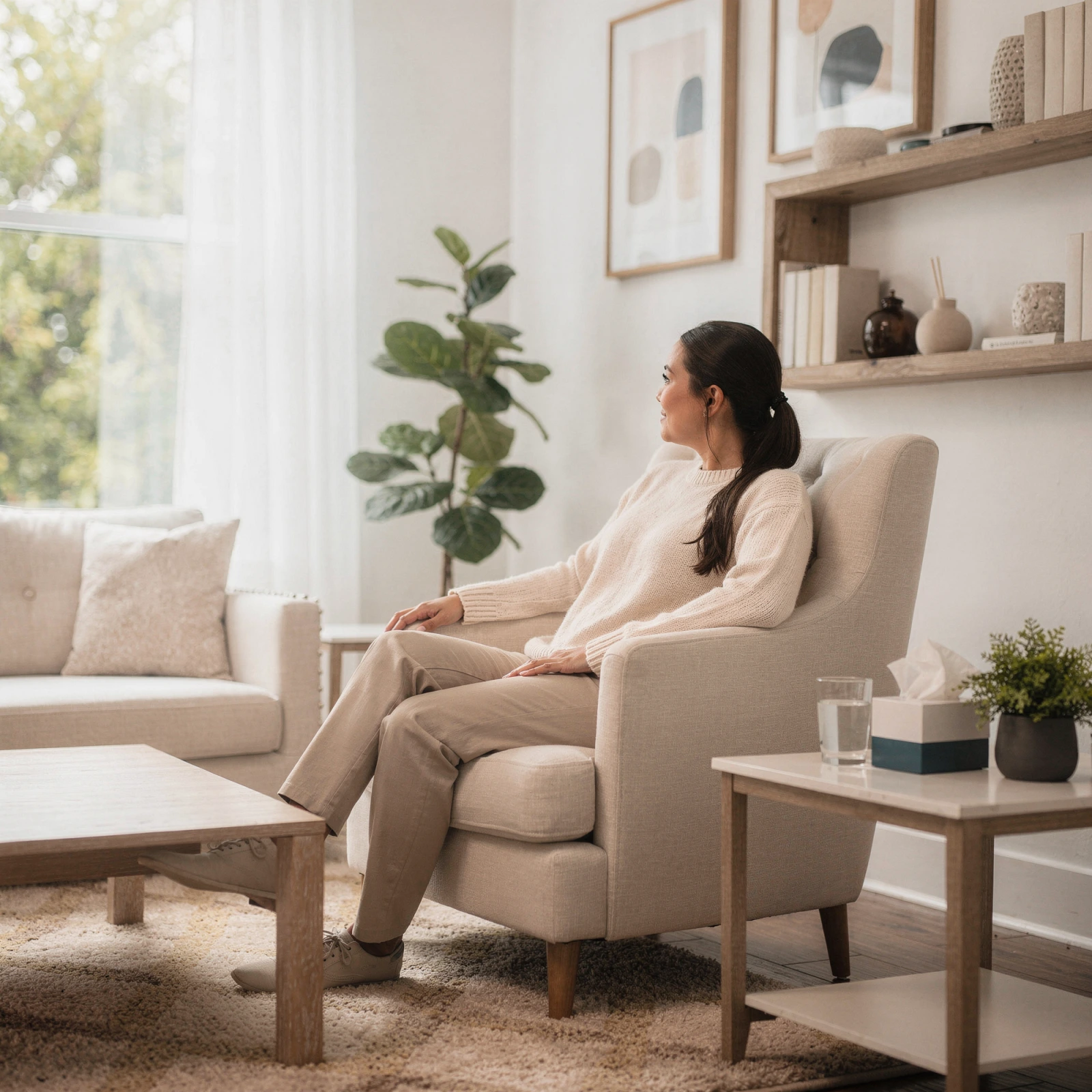 Woman in a cream cardigan sitting in a light-filled therapy office with wooden shelving and plants